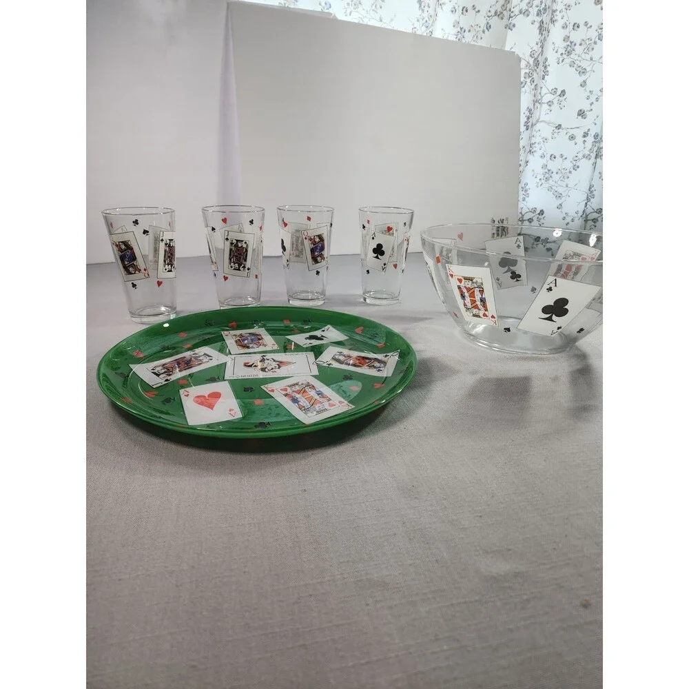 Vintage 6-Piece Playing Card Casino Glassware Set Tumblers Bowl & Tray